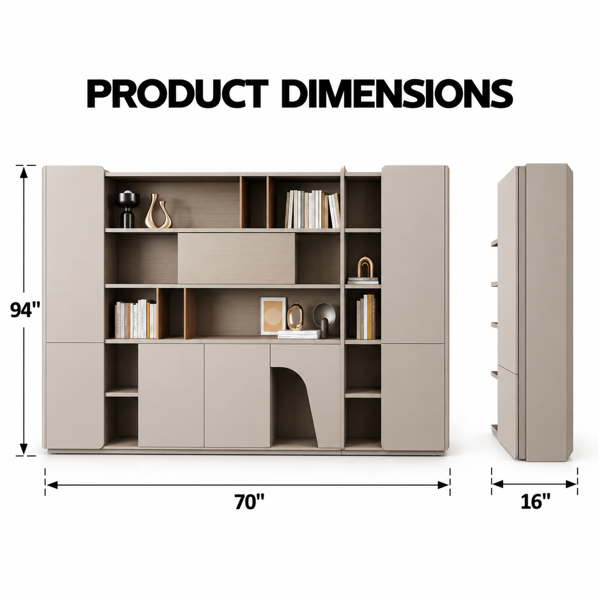 Modern Full Height Storage & Display Cabinet with Open Shelves, Closed Compartments and Integrated Work Nook for Office & Home
