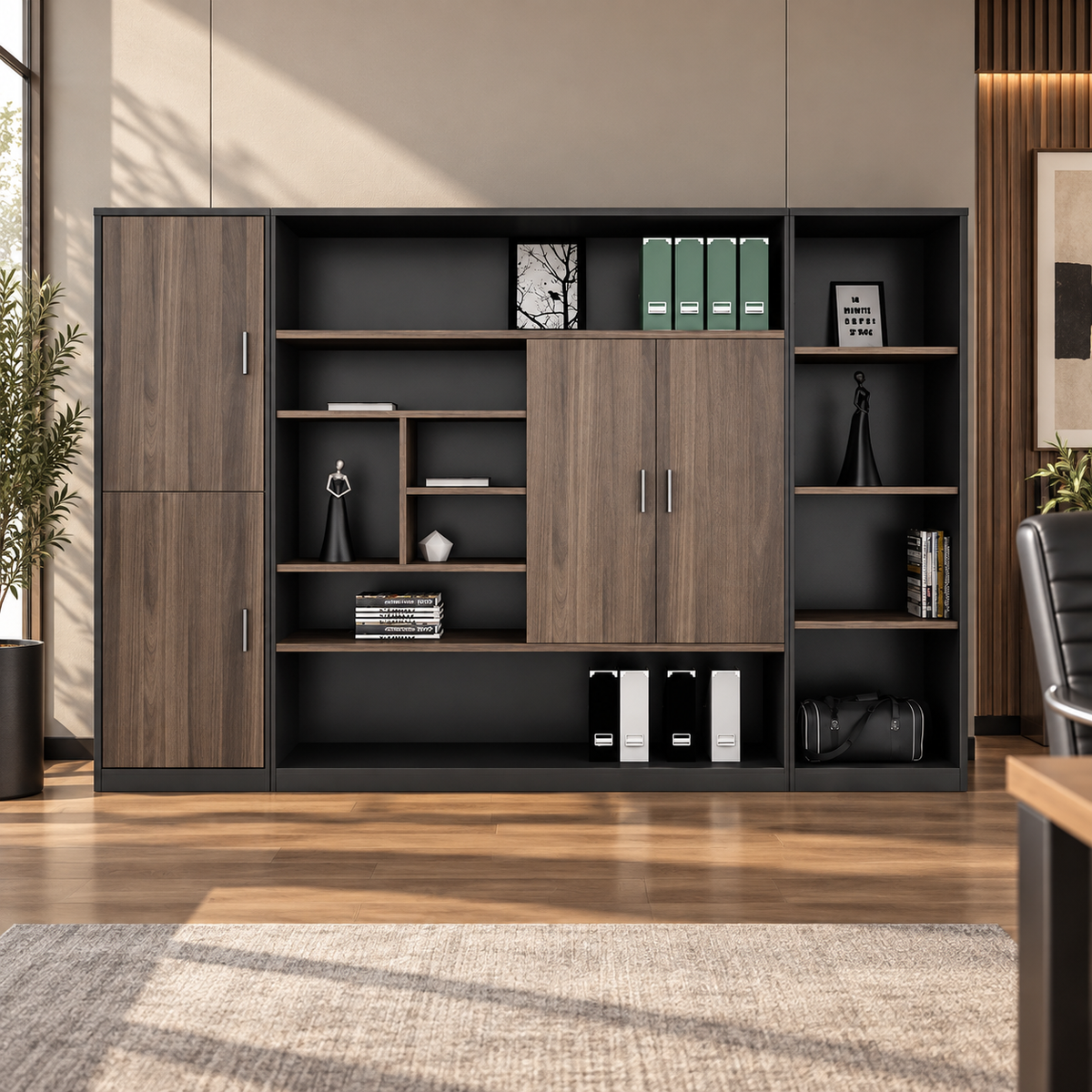 Premium Office Display and Storage Cabinet with Open Shelves, Closed Shutters, Wide Compartments and Modern Two-Tone Finish