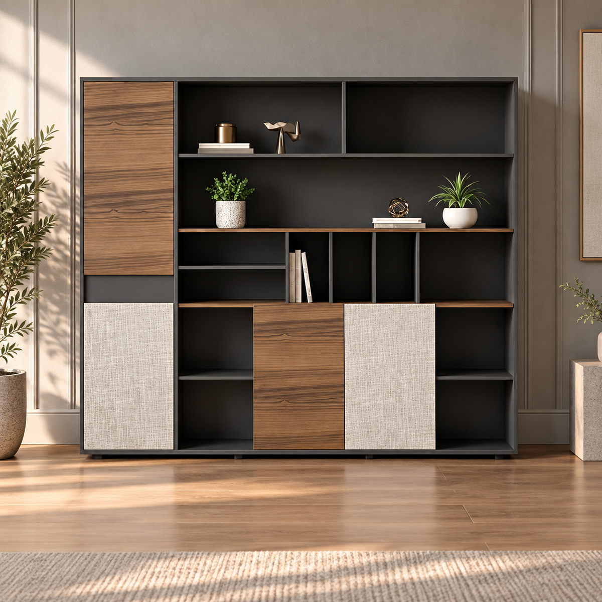 Modern Office Display and Storage Cabinet with Open Shelves, Closed Shutters, Walnut Accents and Textured Beige Panels