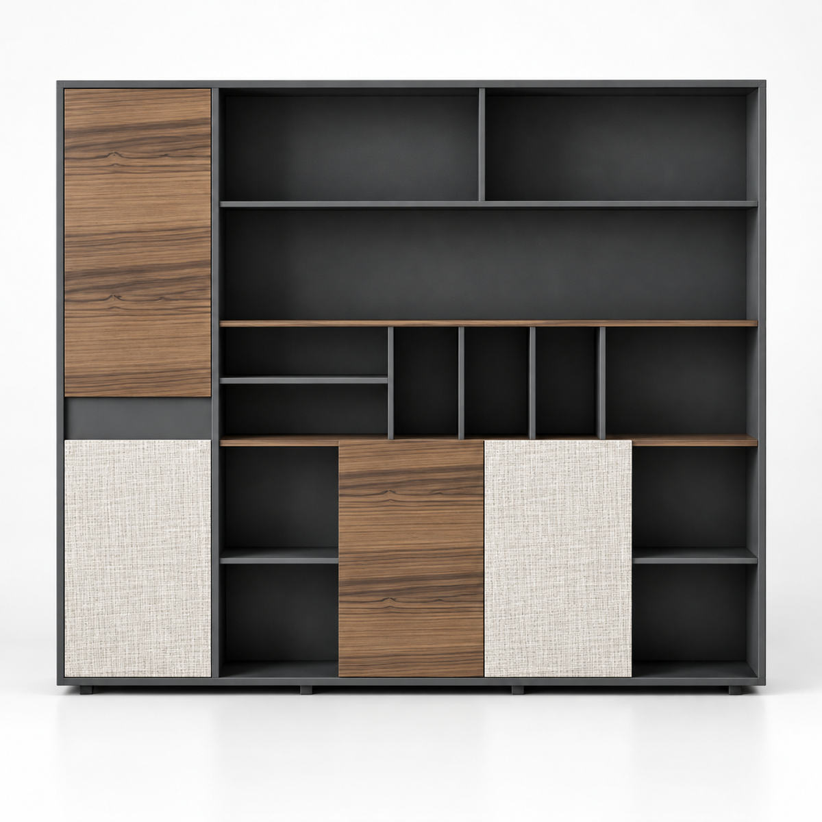 Modern Office Display and Storage Cabinet with Open Shelves, Closed Shutters, Walnut Accents and Textured Beige Panels