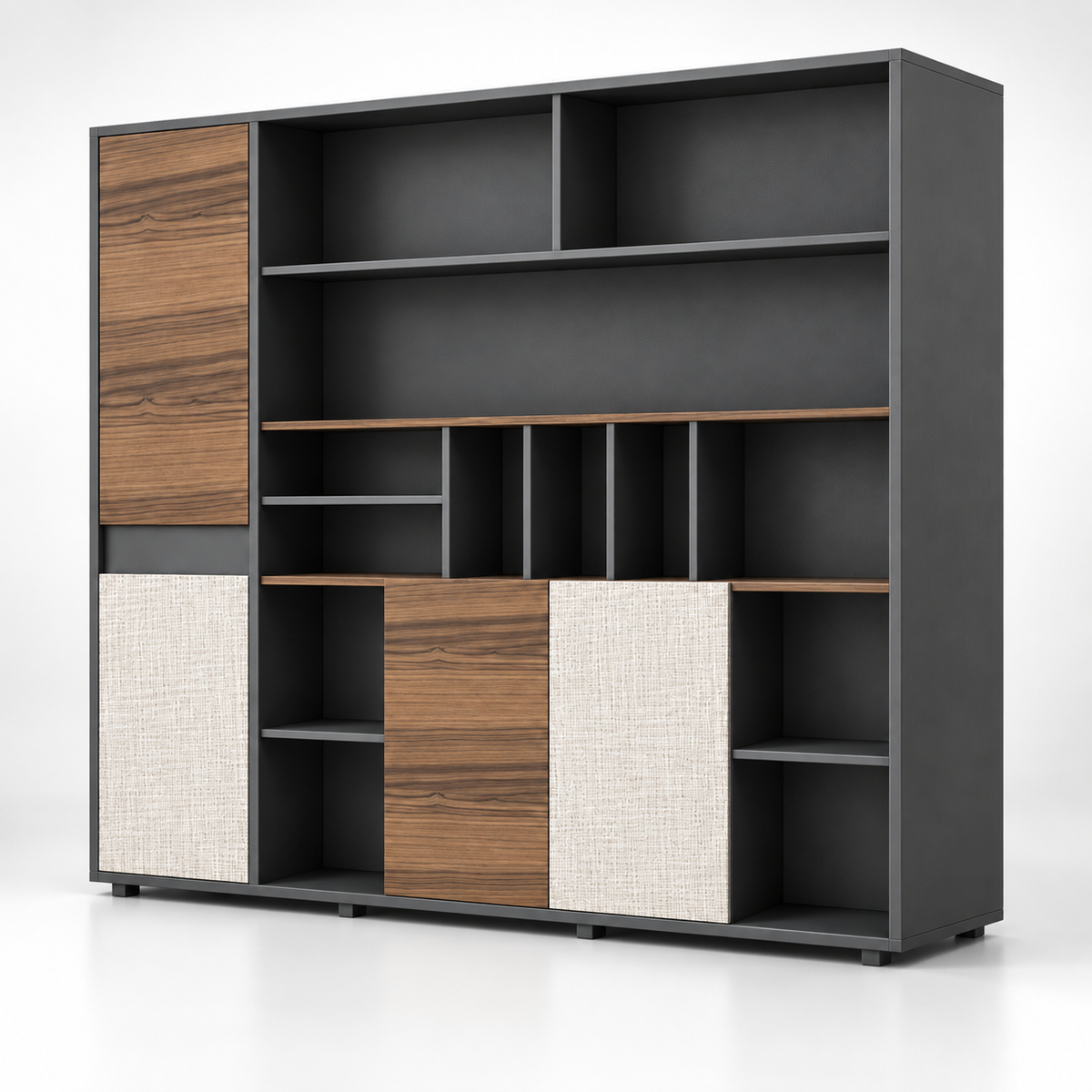 Modern Office Display and Storage Cabinet with Open Shelves, Closed Shutters, Walnut Accents and Textured Beige Panels