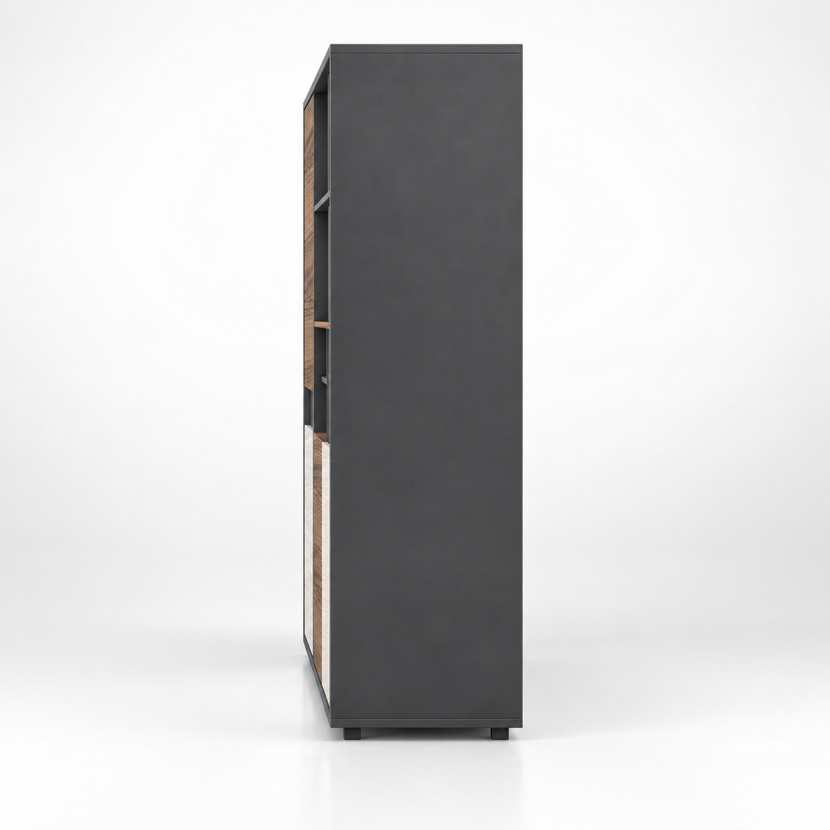 Modern Office Display and Storage Cabinet with Open Shelves, Closed Shutters, Walnut Accents and Textured Beige Panels