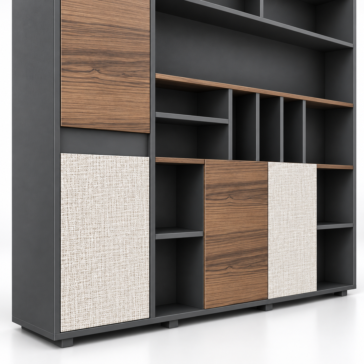 Modern Office Display and Storage Cabinet with Open Shelves, Closed Shutters, Walnut Accents and Textured Beige Panels