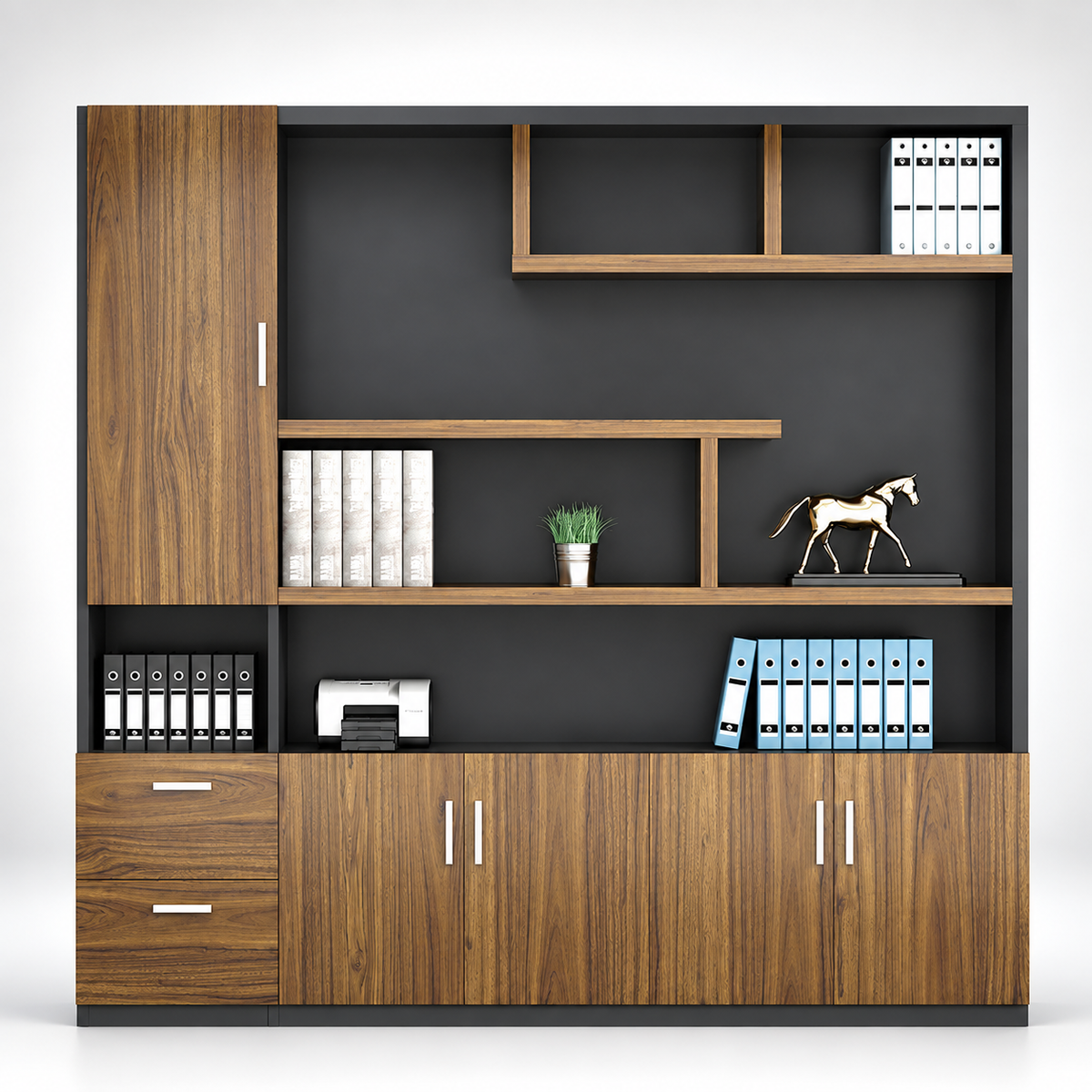 Multi-Storage Office Cabinet with Open Shelves, File Drawers, Closed Compartments and Organised Workspace Storage