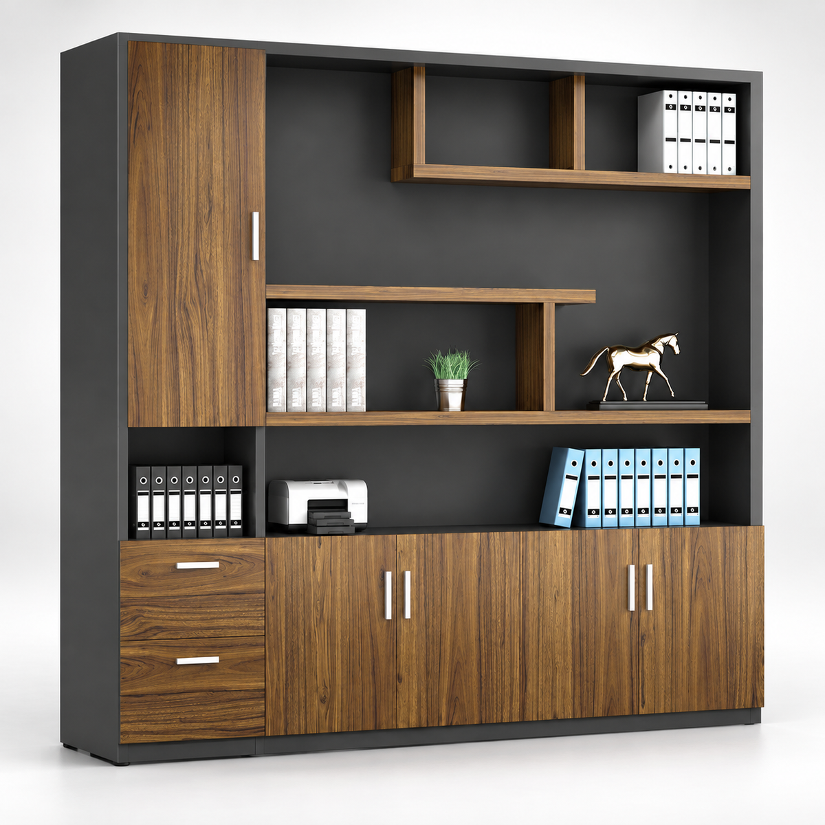 Multi-Storage Office Cabinet with Open Shelves, File Drawers, Closed Compartments and Organised Workspace Storage