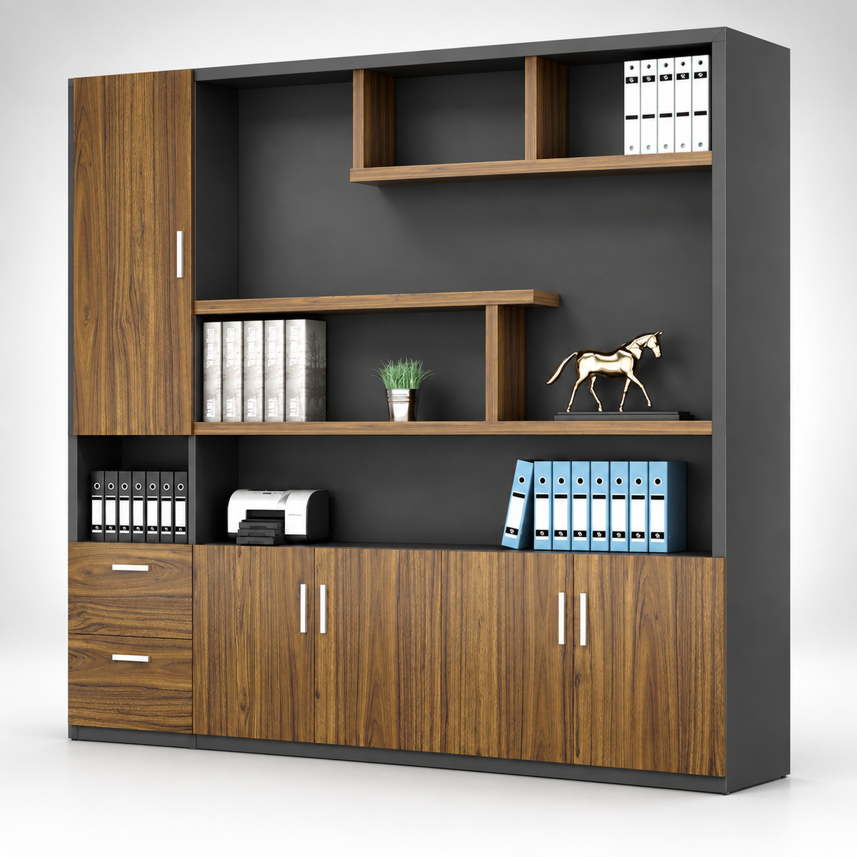 Multi-Storage Office Cabinet with Open Shelves, File Drawers, Closed Compartments and Organised Workspace Storage
