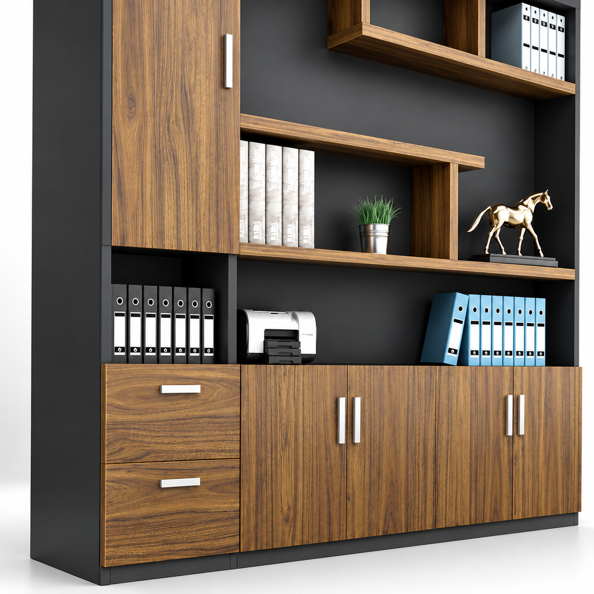 Multi-Storage Office Cabinet with Open Shelves, File Drawers, Closed Compartments and Organised Workspace Storage