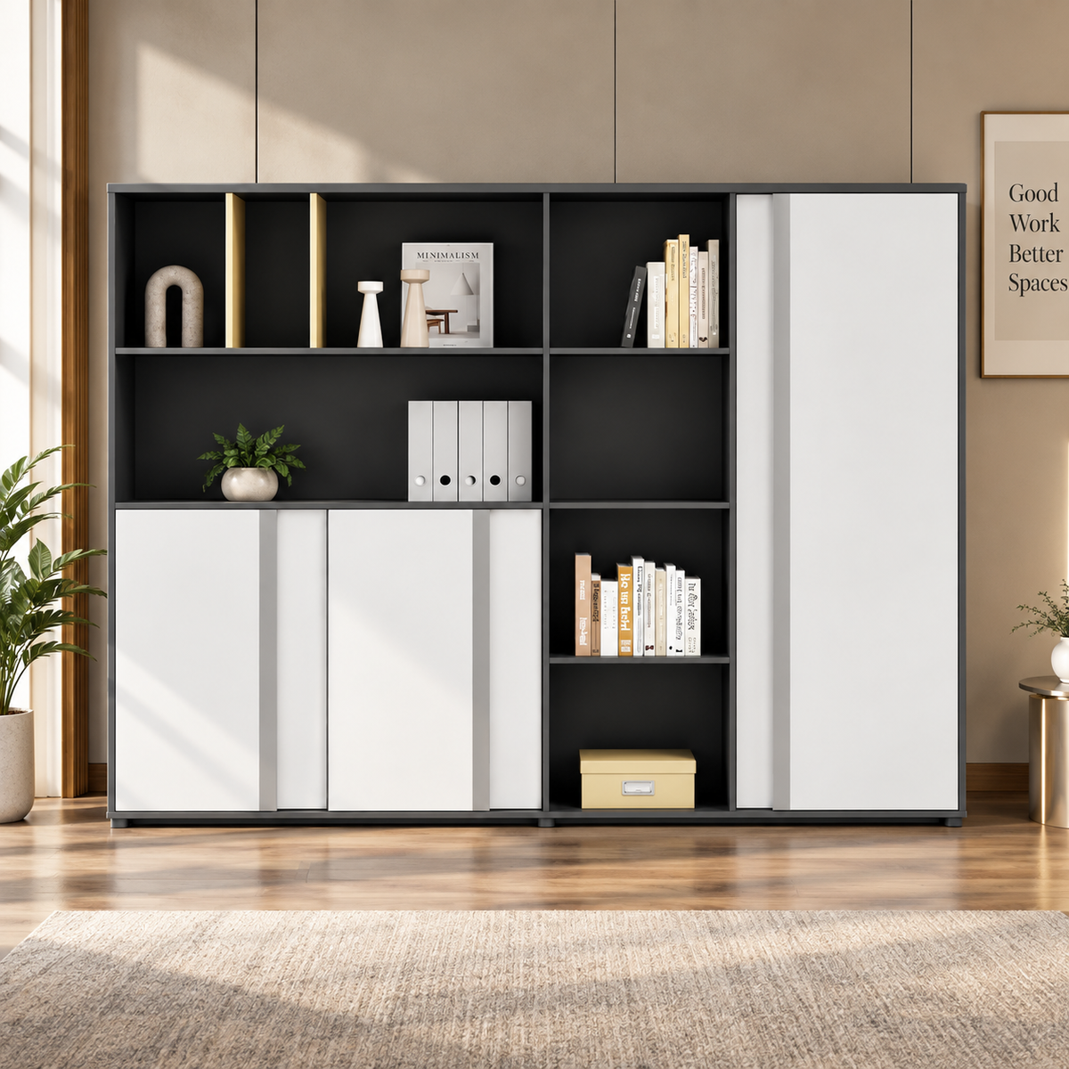 Modern Office Storage Cabinet with Open Display Shelves, Concealed Storage, Easy File Access and Space-Saving Workspace Design