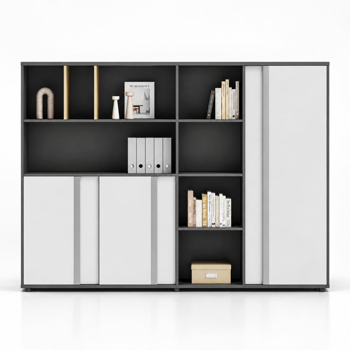 Modern Office Storage Cabinet with Open Display Shelves, Concealed Storage, Easy File Access and Space-Saving Workspace Design