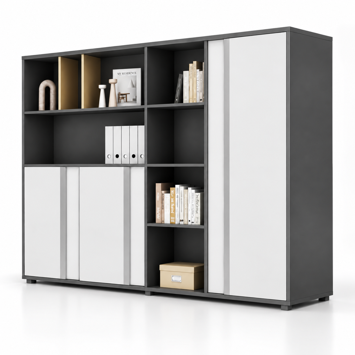 Modern Office Storage Cabinet with Open Display Shelves, Concealed Storage, Easy File Access and Space-Saving Workspace Design