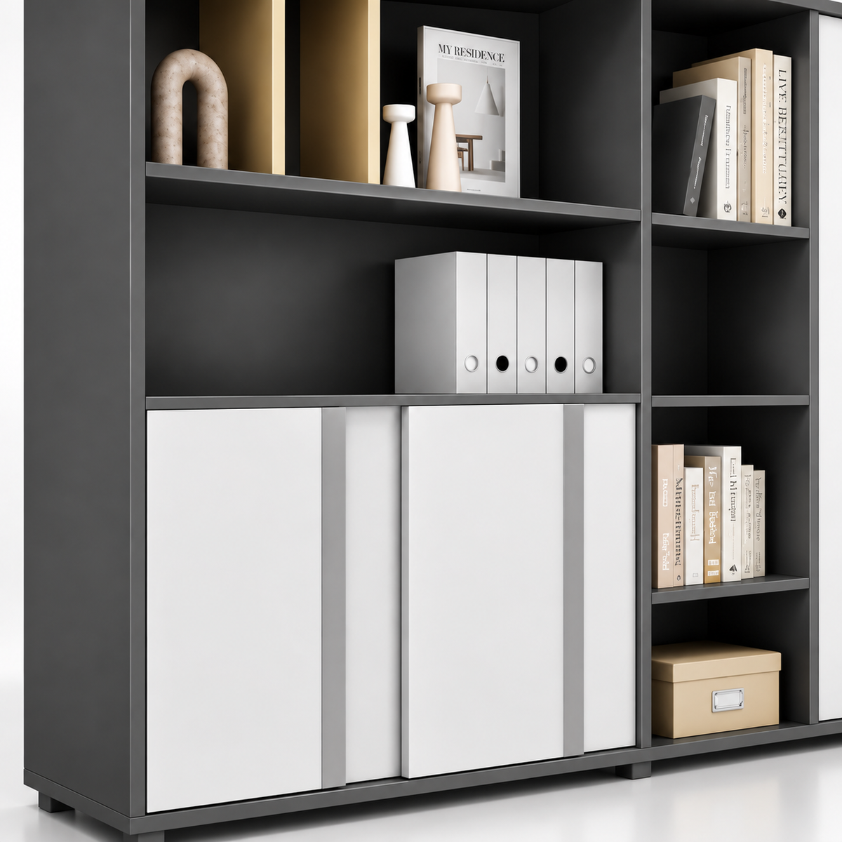 Modern Office Storage Cabinet with Open Display Shelves, Concealed Storage, Easy File Access and Space-Saving Workspace Design
