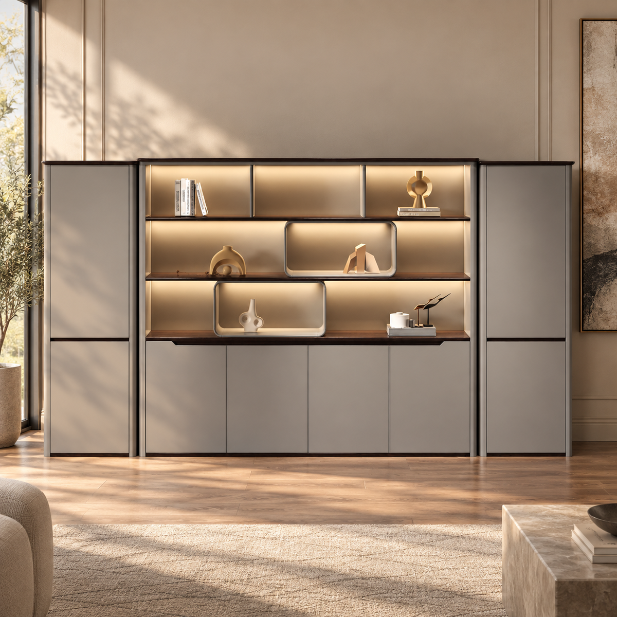 Premium Office Storage Cabinet with Illuminated Display Shelves, Closed Compartments and Smart File Management for Modern Workspaces