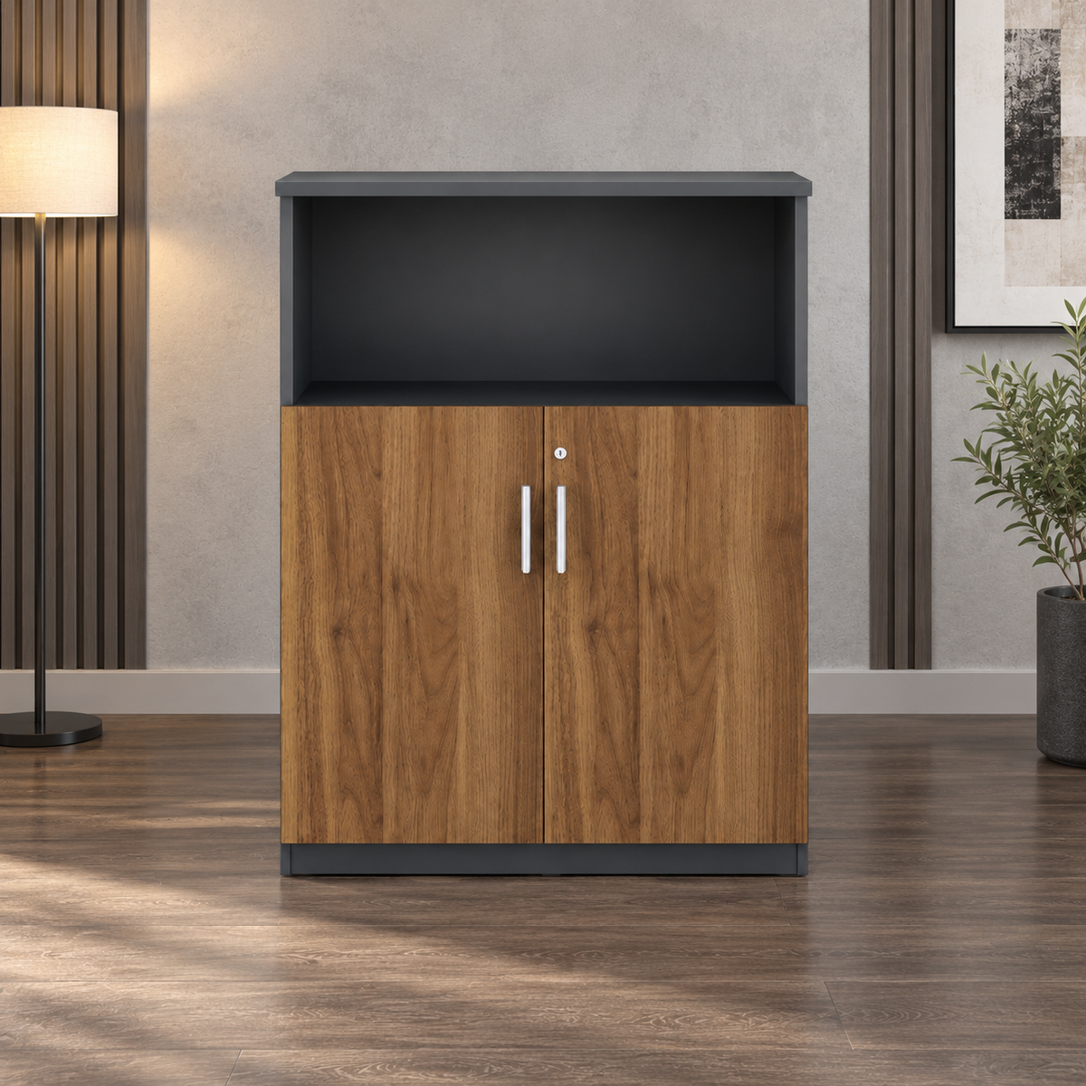 Modern Low-Height Sideboard Cabinet with Open Display Space, Lockable Closed Compartment and Easy Multi-Purpose Storage Design