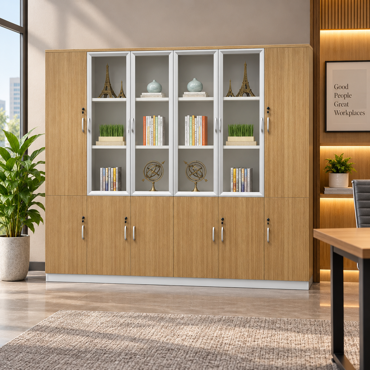 Modern Office Storage Cabinet with Glass Display Doors, Lockable Shutters & Multi-Purpose Storage for Workspace and Study