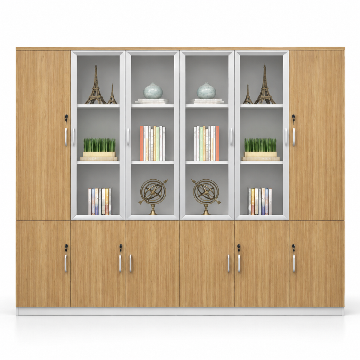 Modern Office Storage Cabinet with Glass Display Doors, Lockable Shutters & Multi-Purpose Storage for Workspace and Study