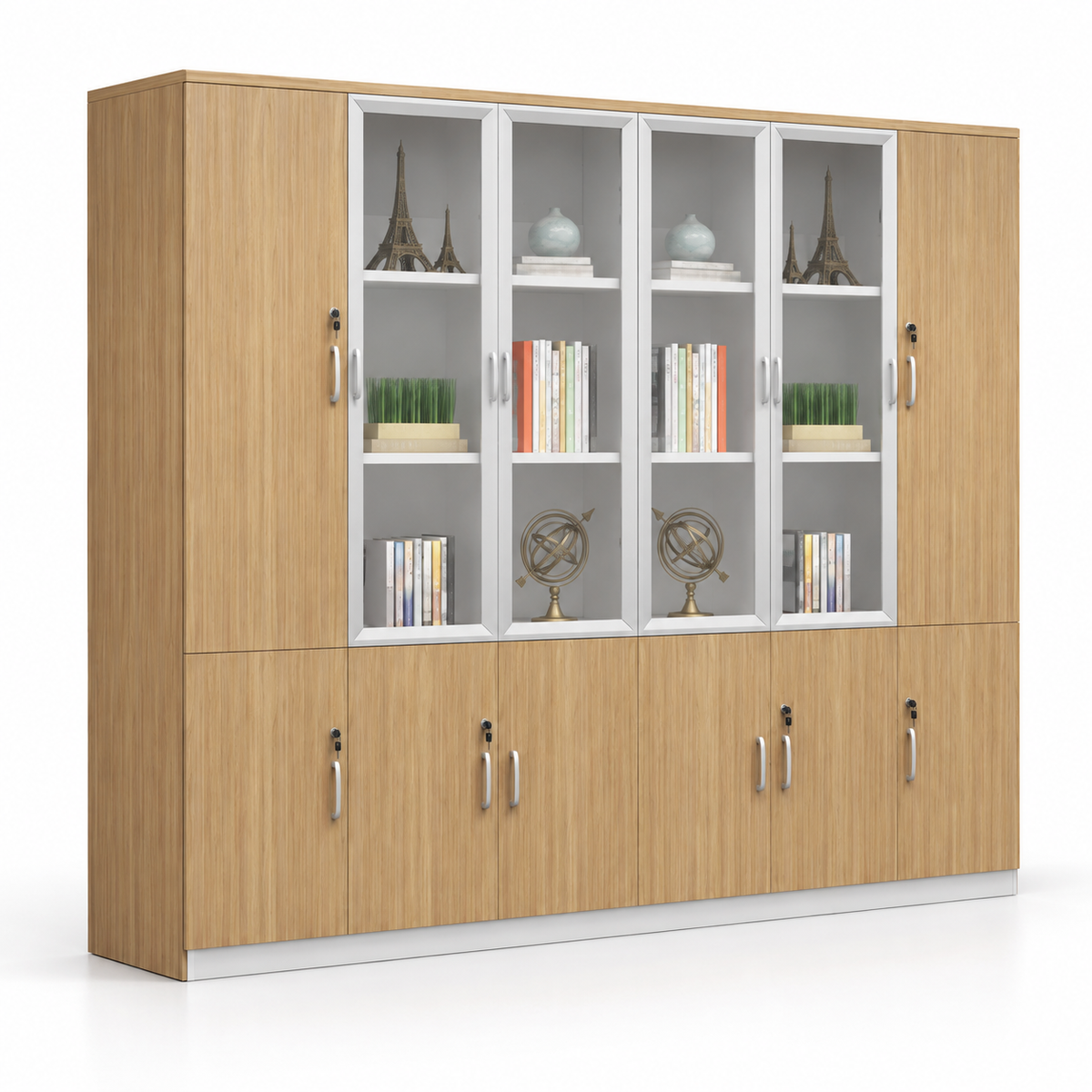Modern Office Storage Cabinet with Glass Display Doors, Lockable Shutters & Multi-Purpose Storage for Workspace and Study