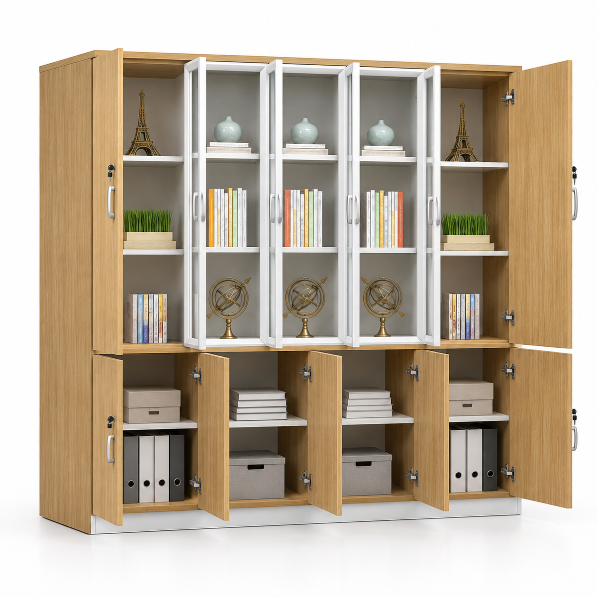 Modern Office Storage Cabinet with Glass Display Doors, Lockable Shutters & Multi-Purpose Storage for Workspace and Study