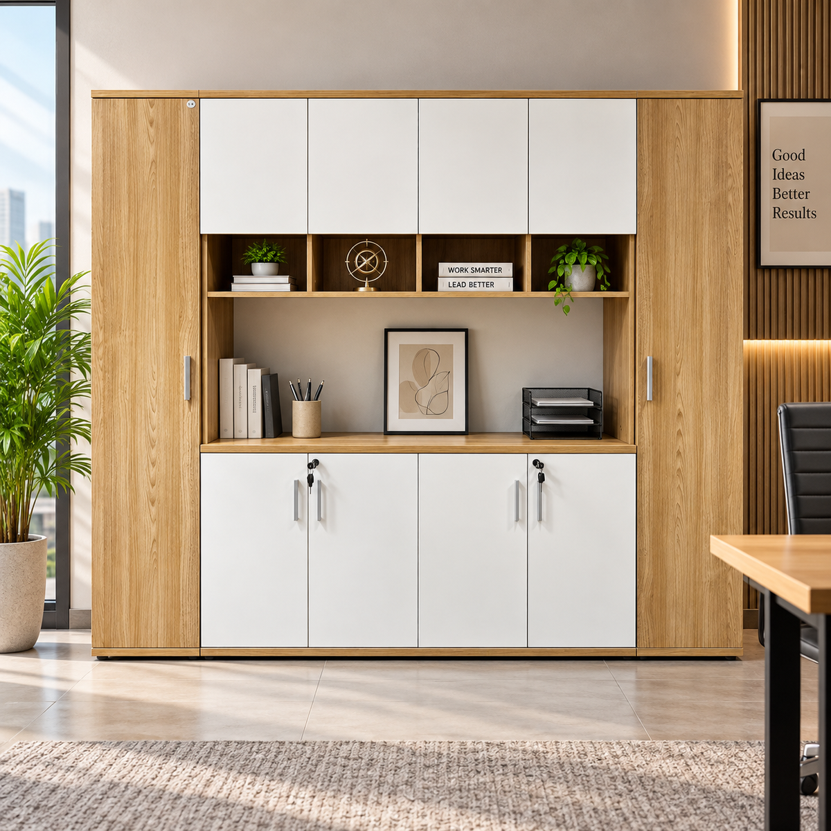Modern Executive Office Back Unit with Lockable Cabinets, Open Display Storage & Two-Tone Finish for Director Cabin and Workspace