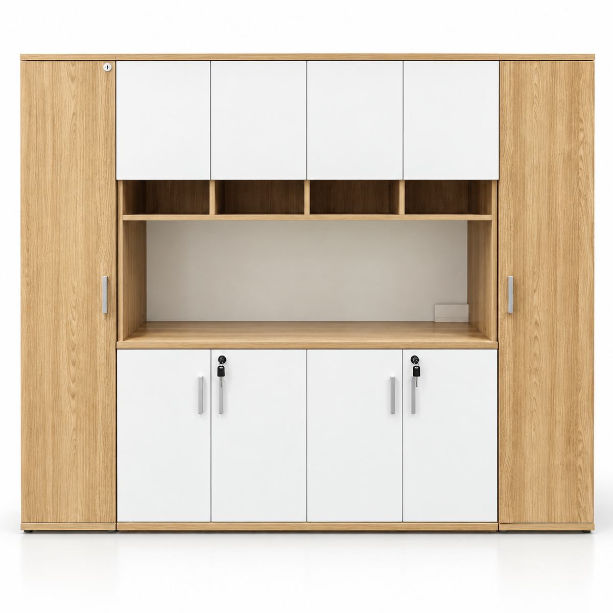 Modern Executive Office Back Unit with Lockable Cabinets, Open Display Storage & Two-Tone Finish for Director Cabin and Workspace