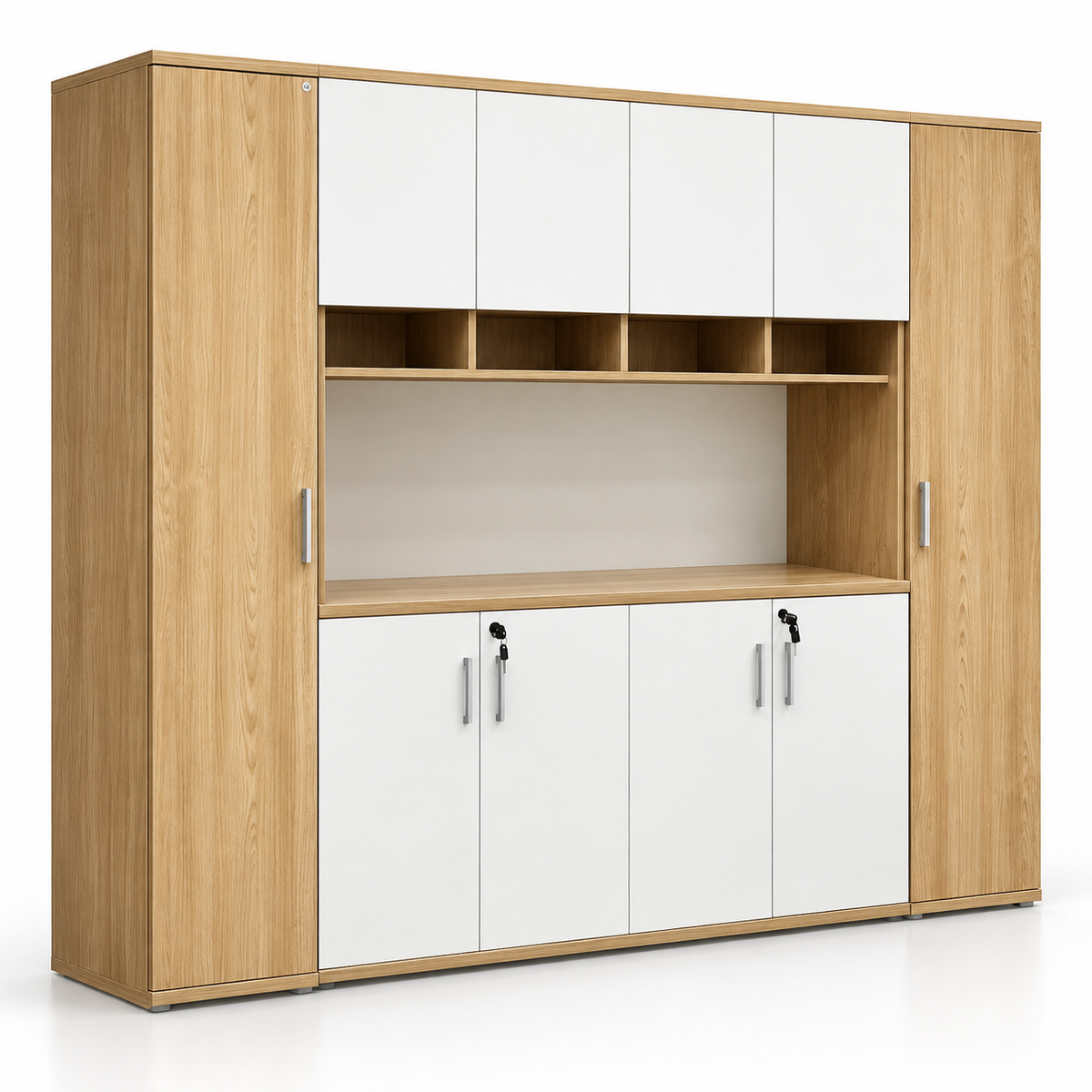 Modern Executive Office Back Unit with Lockable Cabinets, Open Display Storage & Two-Tone Finish for Director Cabin and Workspace