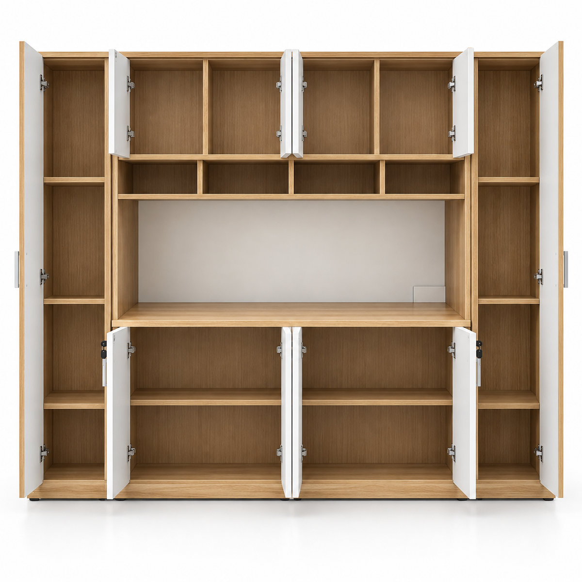 Modern Executive Office Back Unit with Lockable Cabinets, Open Display Storage & Two-Tone Finish for Director Cabin and Workspace