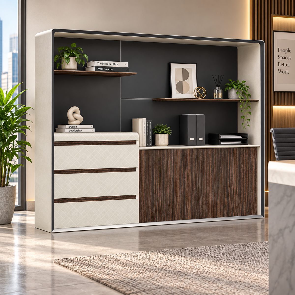 Modern Executive Office Back Unit with Open Display Shelves, Closed Storage & Stylish Two-Tone Design for Director Cabin
