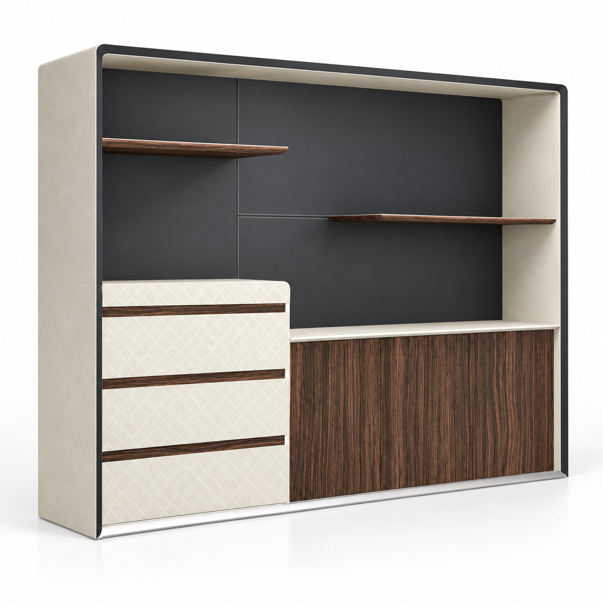 Modern Executive Office Back Unit with Open Display Shelves, Closed Storage & Stylish Two-Tone Design for Director Cabin