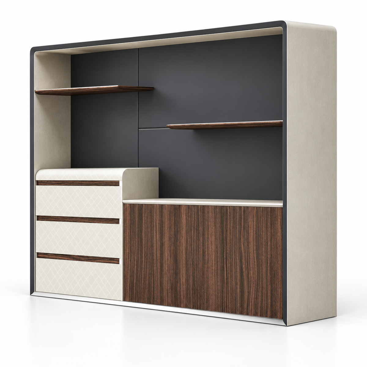 Modern Executive Office Back Unit with Open Display Shelves, Closed Storage & Stylish Two-Tone Design for Director Cabin
