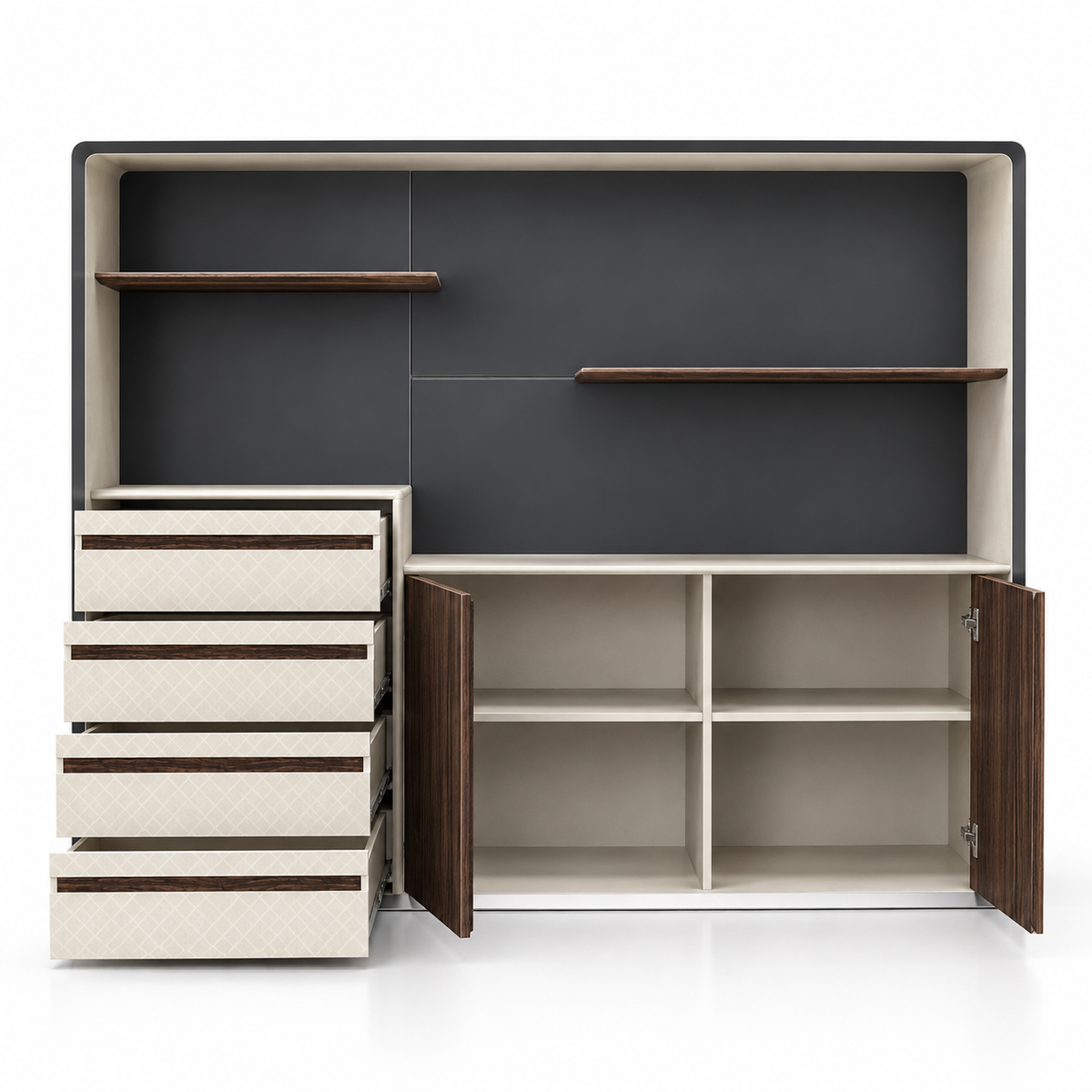 Modern Executive Office Back Unit with Open Display Shelves, Closed Storage & Stylish Two-Tone Design for Director Cabin