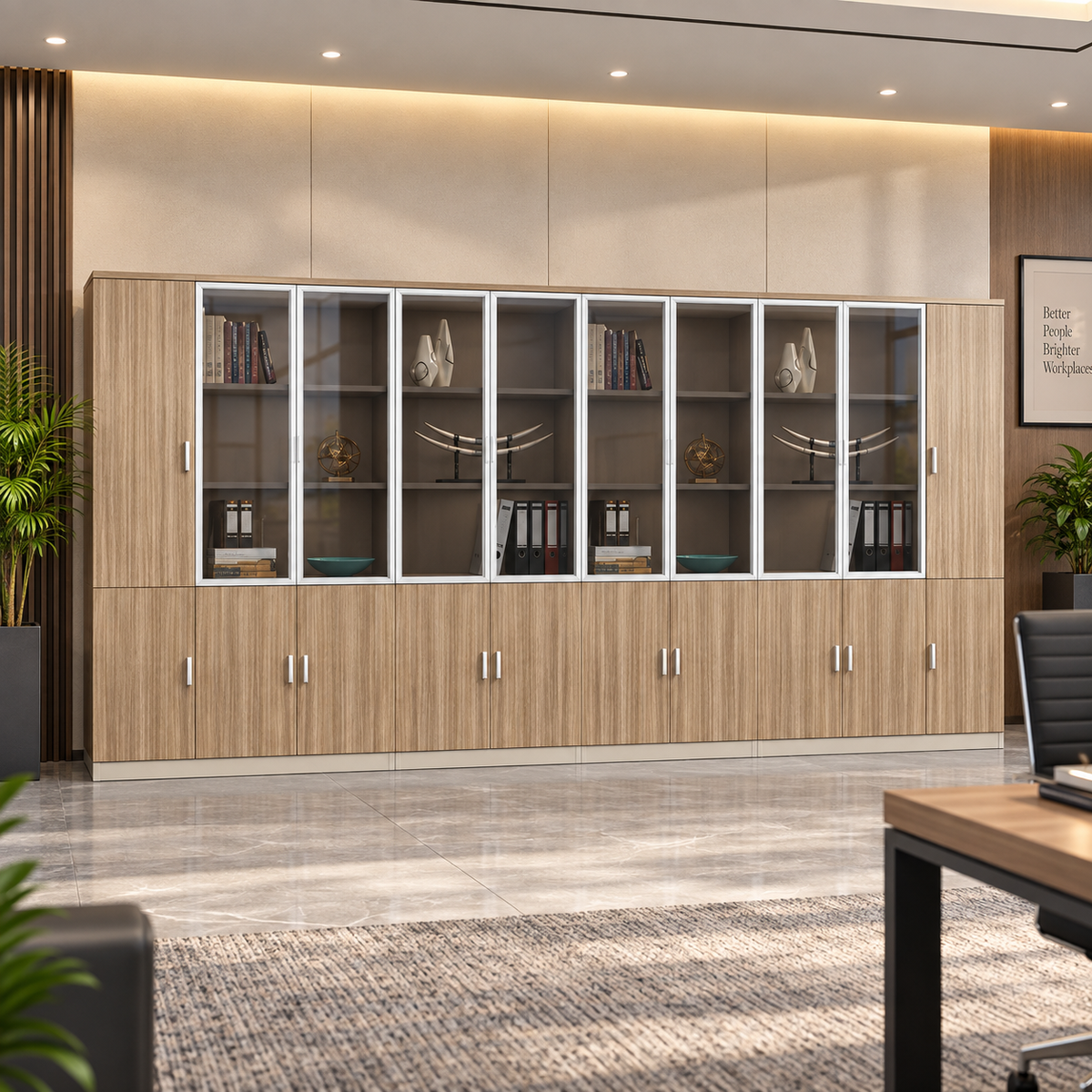 Modern Executive Office Back Unit with Glass Display Doors, Closed Storage & Wood Grain Finish for Director Cabin and Workspace