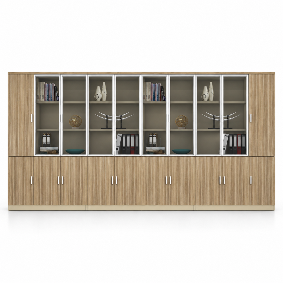 Modern Executive Office Back Unit with Glass Display Doors, Closed Storage & Wood Grain Finish for Director Cabin and Workspace