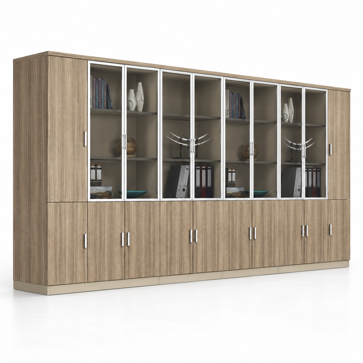 Modern Executive Office Back Unit with Glass Display Doors, Closed Storage & Wood Grain Finish for Director Cabin and Workspace