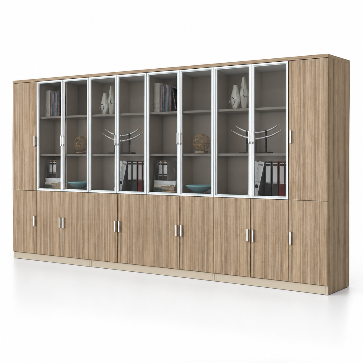Modern Executive Office Back Unit with Glass Display Doors, Closed Storage & Wood Grain Finish for Director Cabin and Workspace