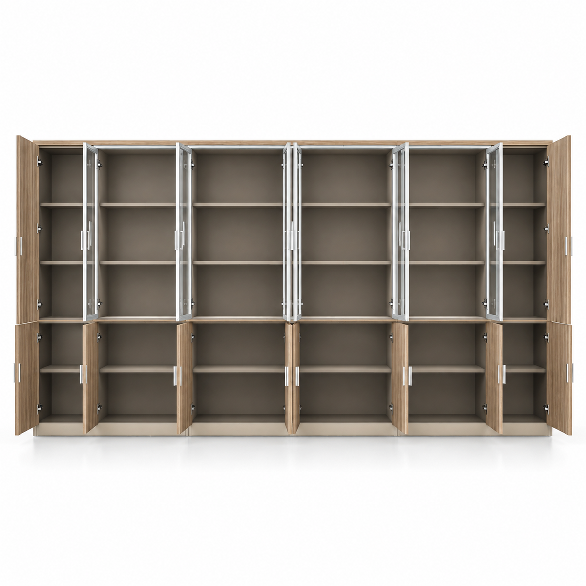 Modern Executive Office Back Unit with Glass Display Doors, Closed Storage & Wood Grain Finish for Director Cabin and Workspace