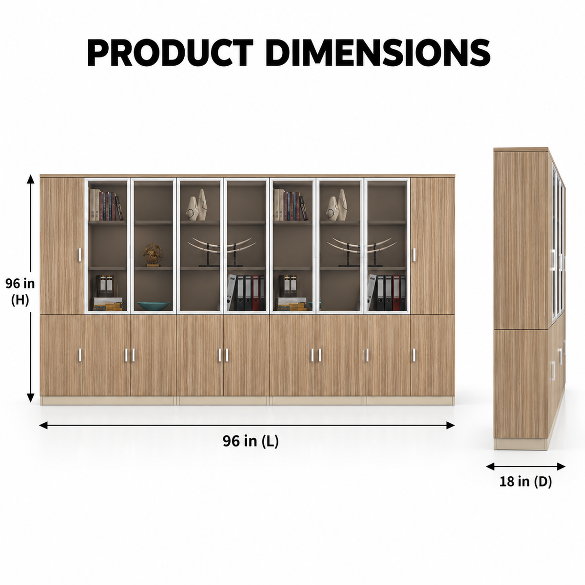 Modern Executive Office Back Unit with Glass Display Doors, Closed Storage & Wood Grain Finish for Director Cabin and Workspace
