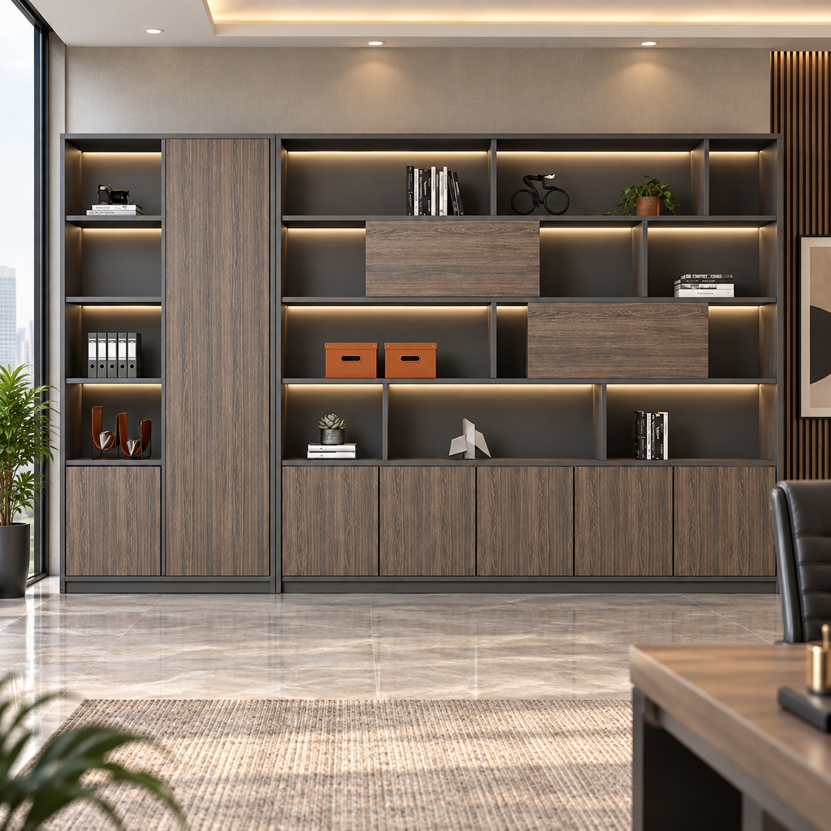 Modern Office Storage Cabinet with Open Display Shelves, Closed Cabinets, Tall Side Storage and Contemporary Wall Unit Design