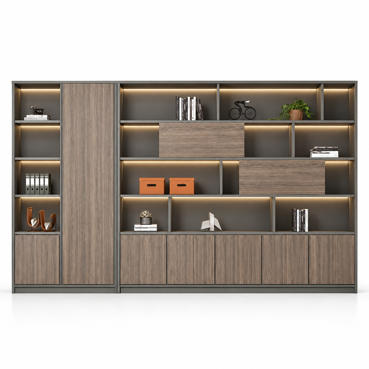 Modern Office Storage Cabinet with Open Display Shelves, Closed Cabinets, Tall Side Storage and Contemporary Wall Unit Design