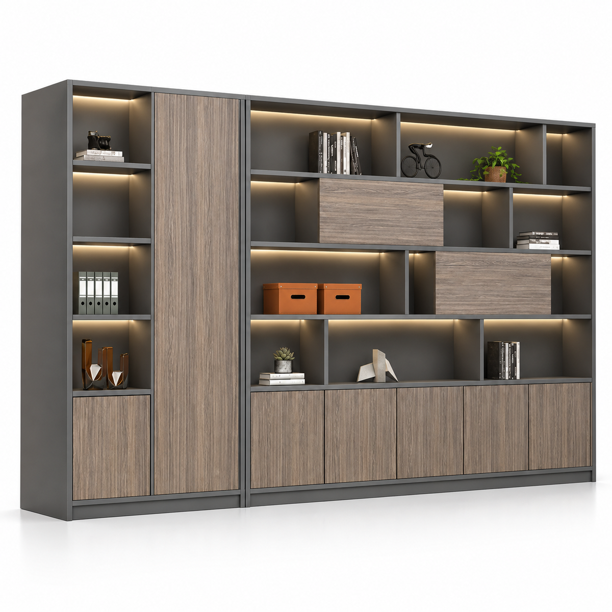 Modern Office Storage Cabinet with Open Display Shelves, Closed Cabinets, Tall Side Storage and Contemporary Wall Unit Design