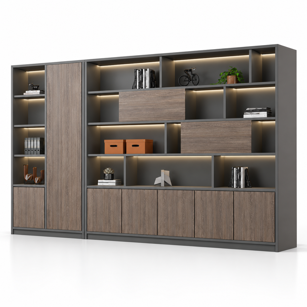 Modern Office Storage Cabinet with Open Display Shelves, Closed Cabinets, Tall Side Storage and Contemporary Wall Unit Design