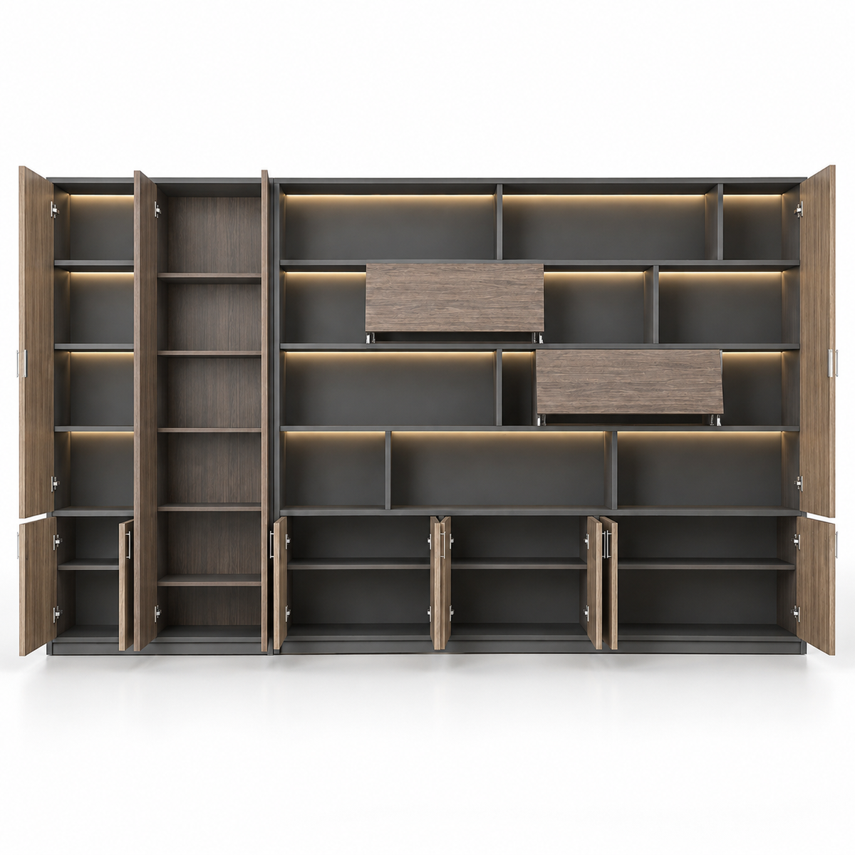 Modern Office Storage Cabinet with Open Display Shelves, Closed Cabinets, Tall Side Storage and Contemporary Wall Unit Design