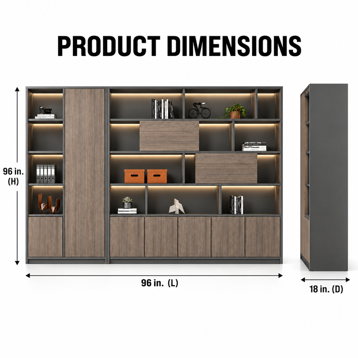 Modern Office Storage Cabinet with Open Display Shelves, Closed Cabinets, Tall Side Storage and Contemporary Wall Unit Design
