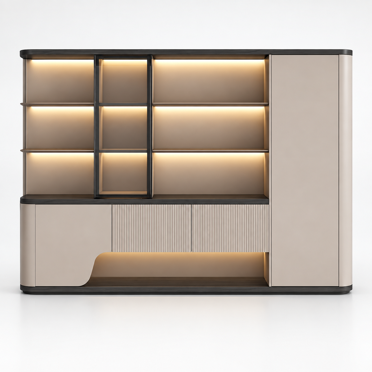 Modern Office Storage and Display Cabinet with Illuminated Open Shelves, Tall Concealed Unit and Sculpted Lower Panels
