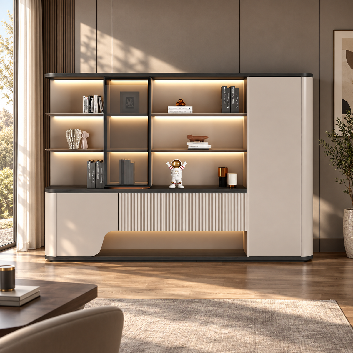 Modern Office Storage and Display Cabinet with Illuminated Open Shelves, Tall Concealed Unit and Sculpted Lower Panels
