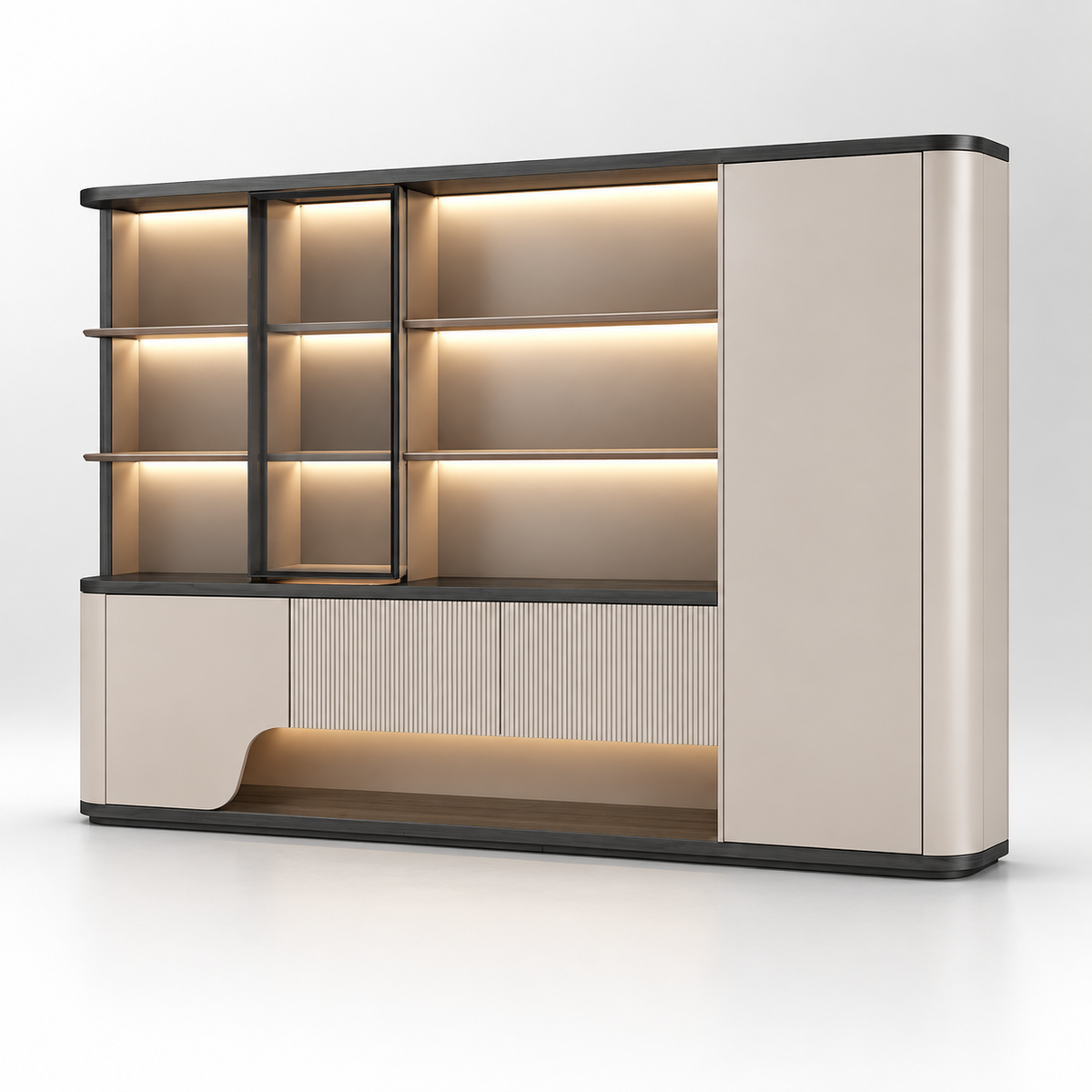 Modern Office Storage and Display Cabinet with Illuminated Open Shelves, Tall Concealed Unit and Sculpted Lower Panels