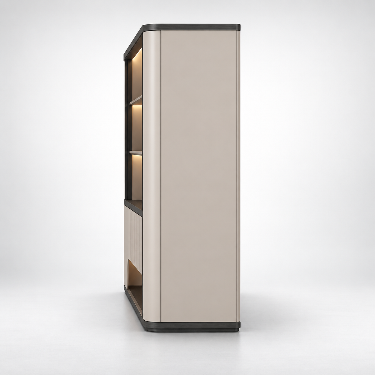 Modern Office Storage and Display Cabinet with Illuminated Open Shelves, Tall Concealed Unit and Sculpted Lower Panels