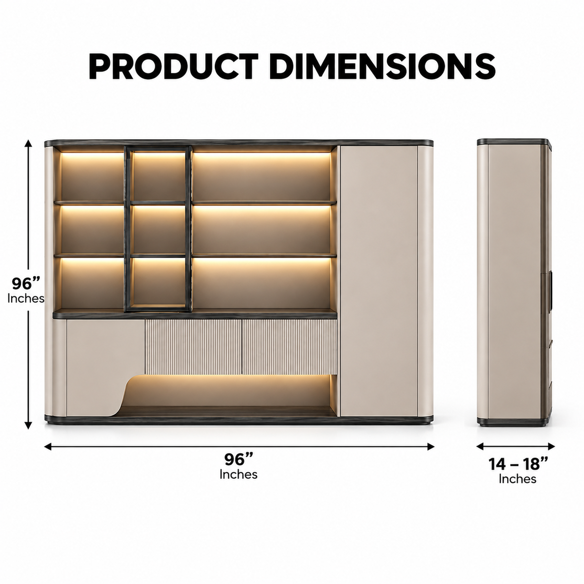 Modern Office Storage and Display Cabinet with Illuminated Open Shelves, Tall Concealed Unit and Sculpted Lower Panels