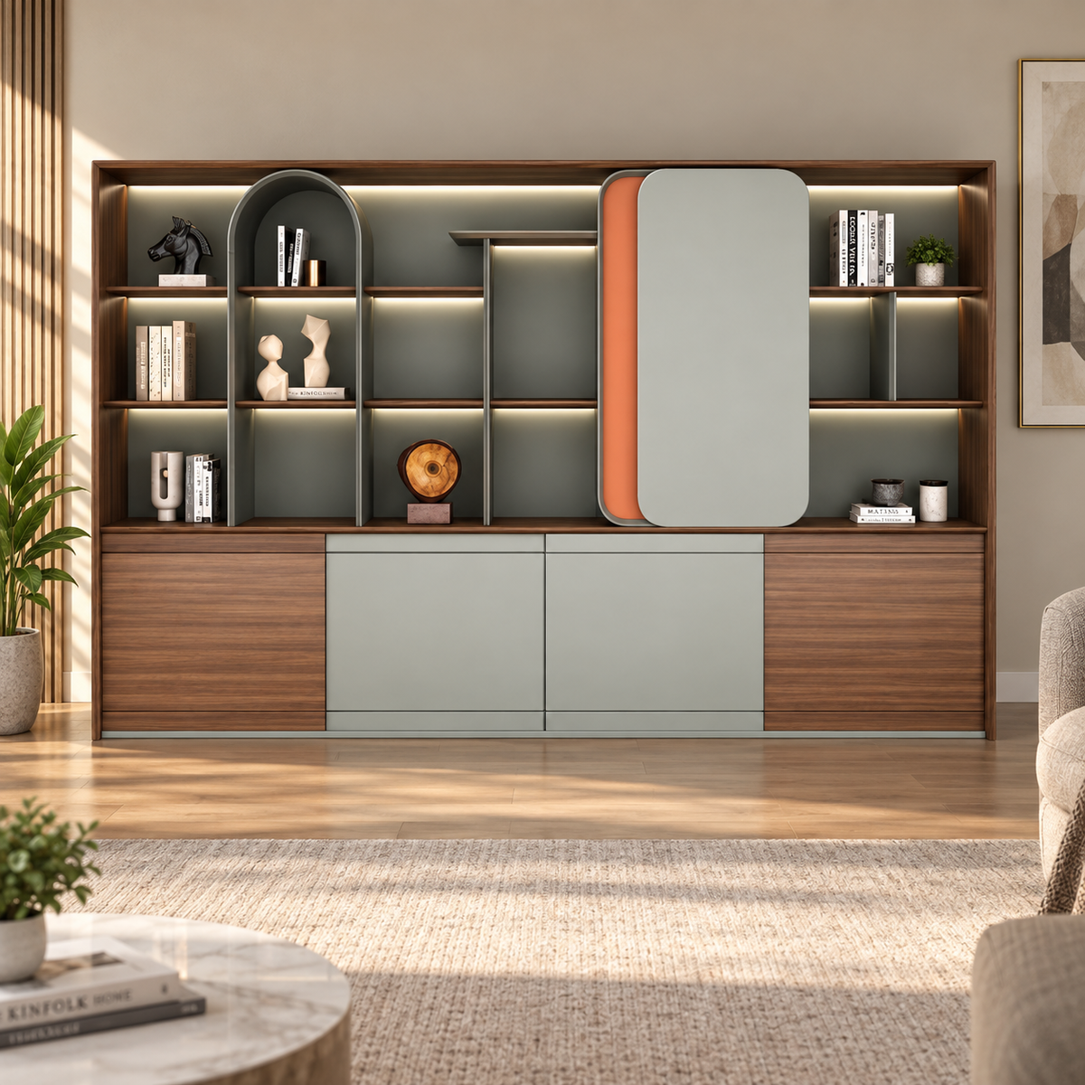 Designer Office Back Unit with Illuminated Display Niches, Arched Shelving and Layered Concealed Cabinet Storage