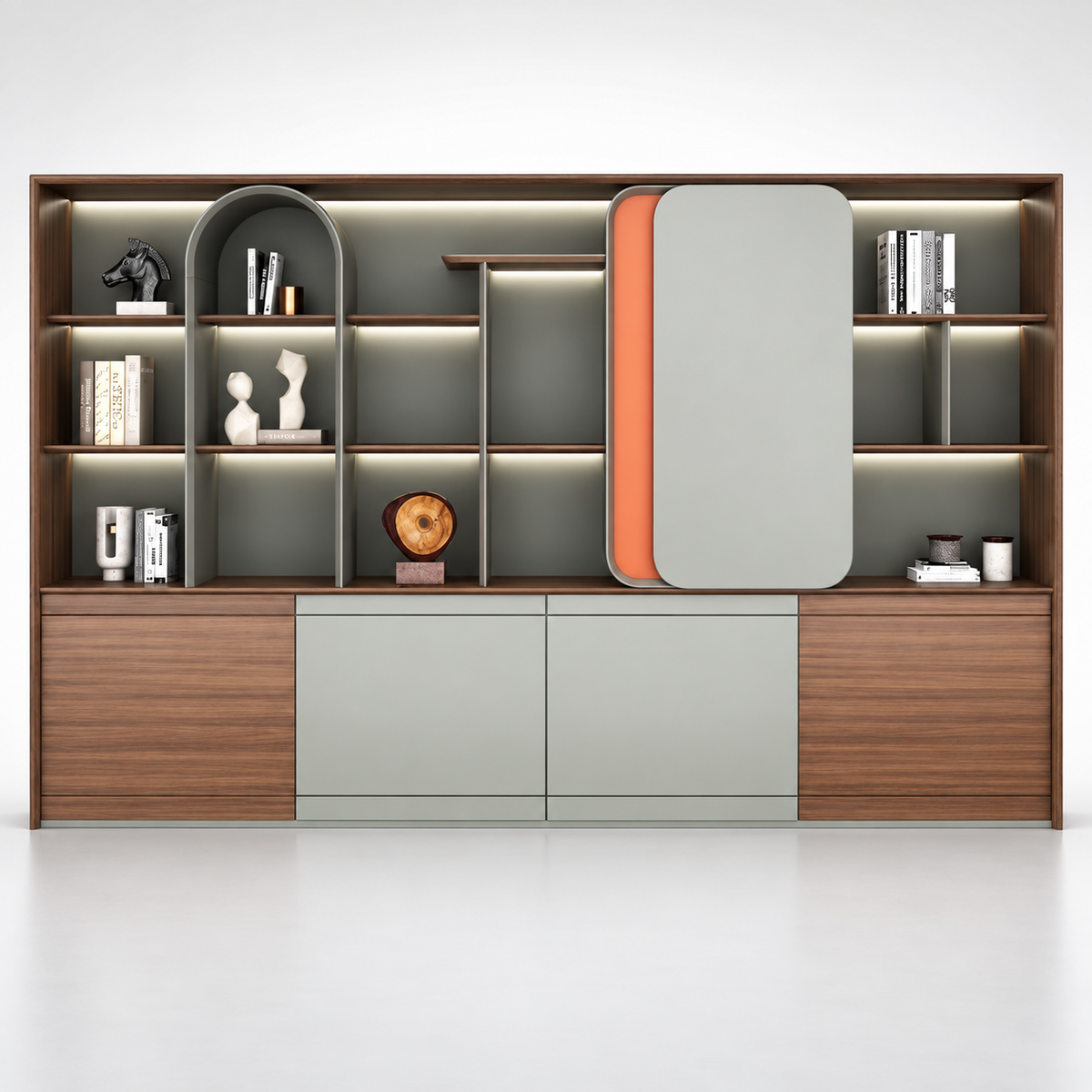 Designer Office Back Unit with Illuminated Display Niches, Arched Shelving and Layered Concealed Cabinet Storage