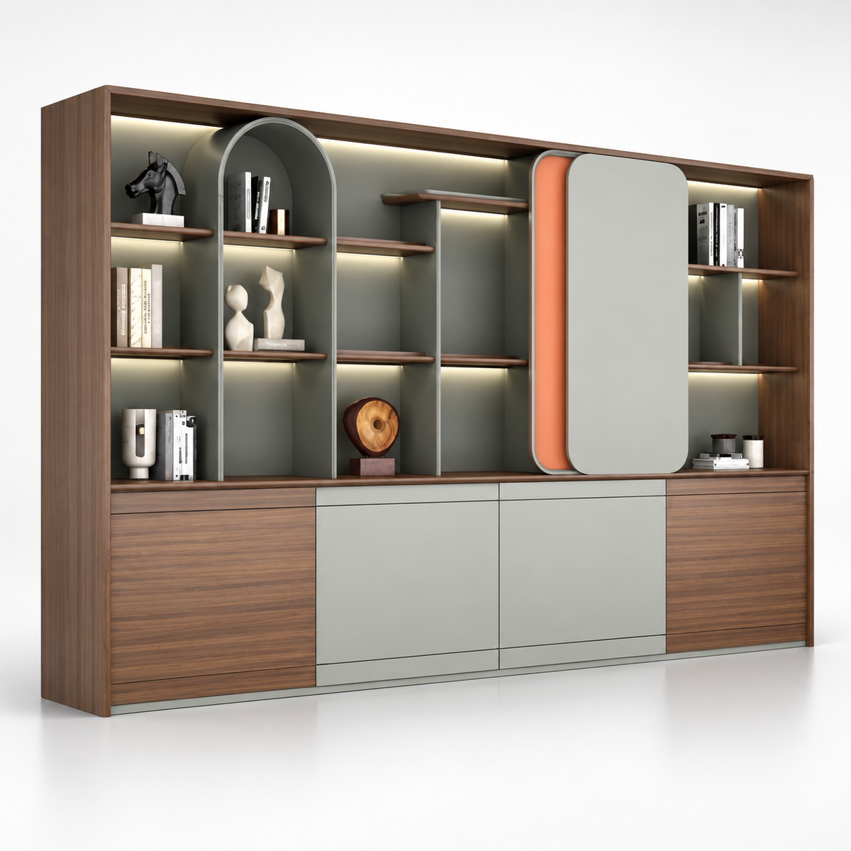 Designer Office Back Unit with Illuminated Display Niches, Arched Shelving and Layered Concealed Cabinet Storage