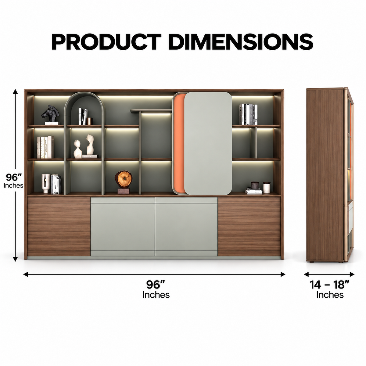 Designer Office Back Unit with Illuminated Display Niches, Arched Shelving and Layered Concealed Cabinet Storage